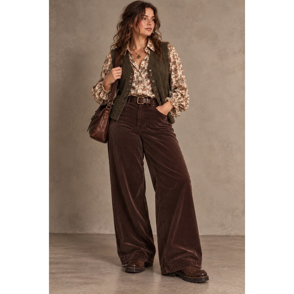 Lands End Women Brown Corduroy Wide Leg High Rise Pant 14 Granola Gobincore Prep